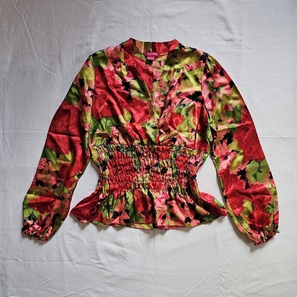 Sunny Leigh y2k wrap deep v-neck colorful feminine satin peplum blouse Size L - Picture 1 of 5